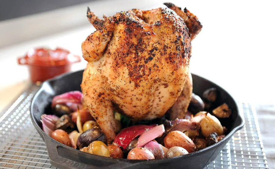 Beer Can Chicken with Mushrooms, Potatoes and Onions