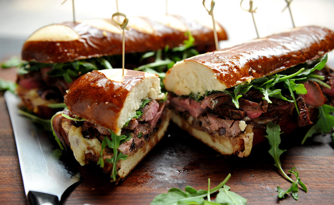 Bourbon-marinated Flank Steak Hoagies with Horseradish Aioli