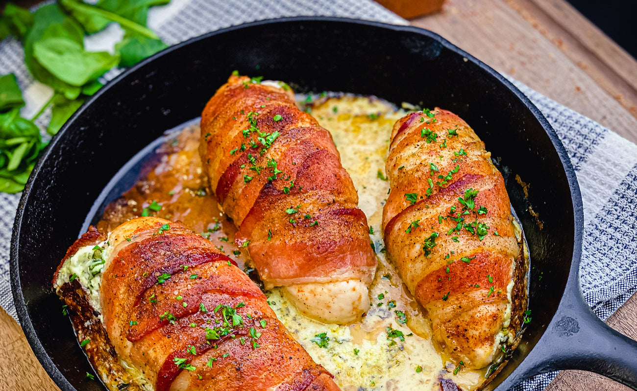 Bacon-Wrapped Stuffed Chicken Breast with Pan Sauce