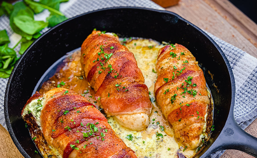 Bacon-Wrapped Stuffed Chicken Breast with Pan Sauce