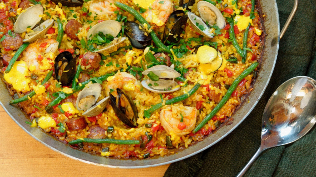 Paella Mixta on the Gaucho with Saffron Aioli