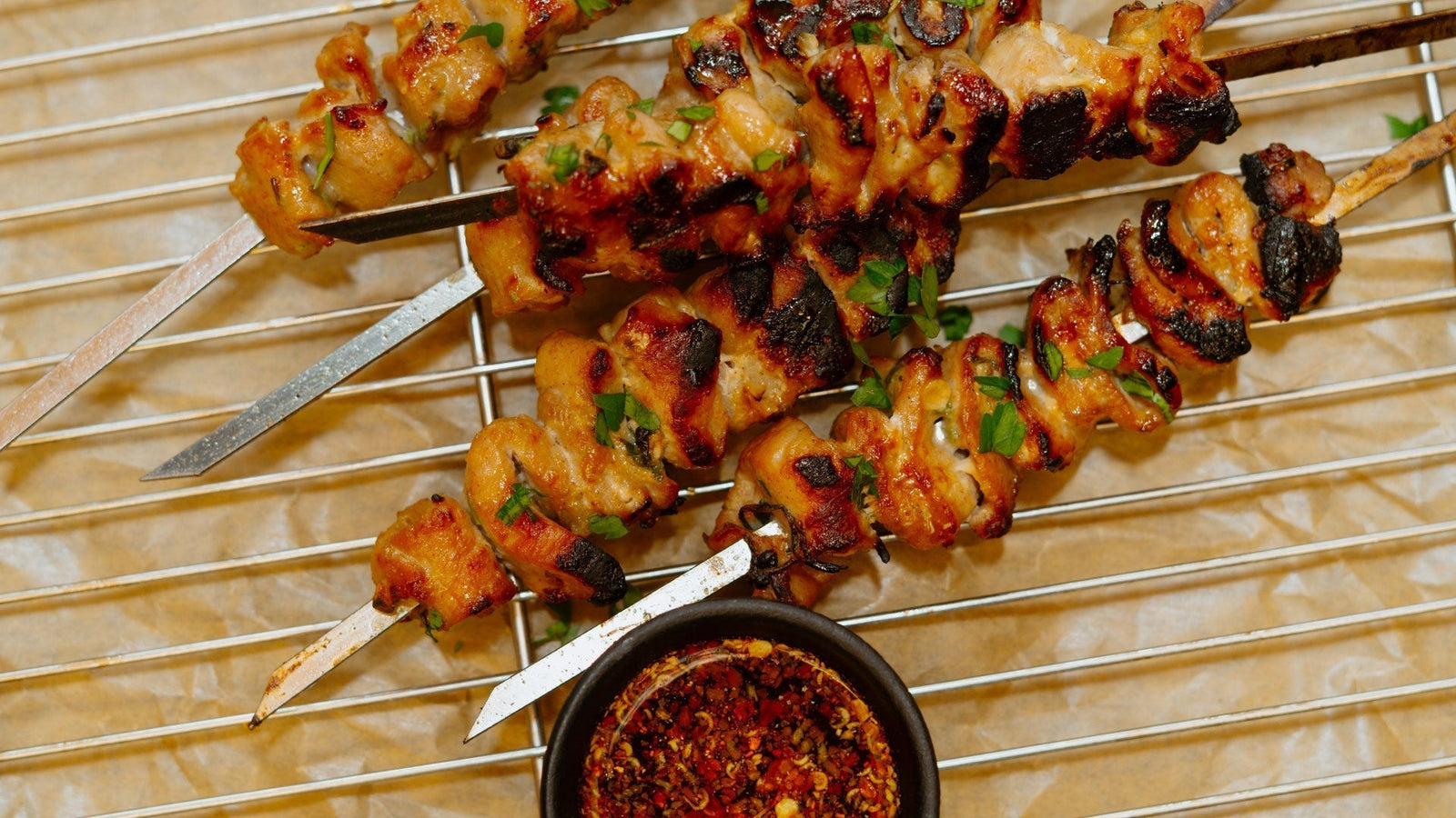 Moo Ping (Thai-Style Grilled Pork Skewers) with Prik Nam Som (Thai Vinegar Dipping Sauce)