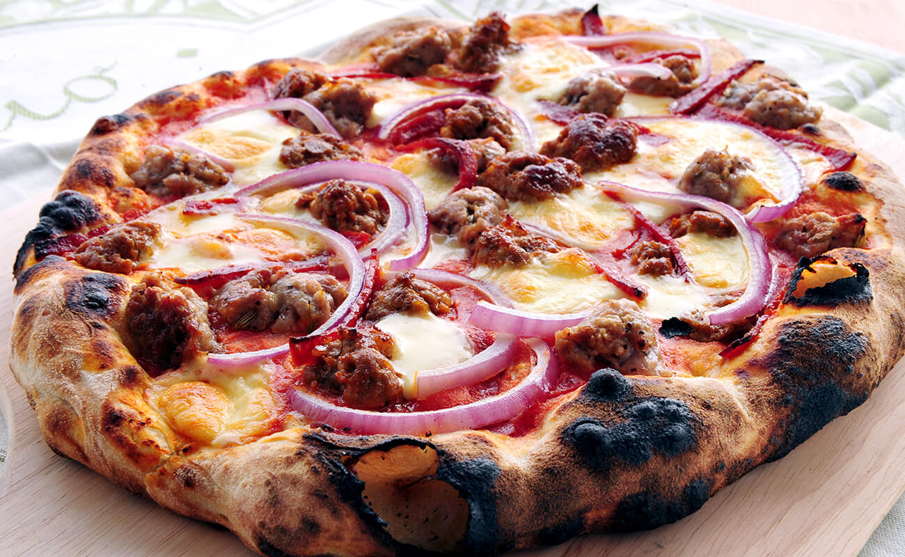 Pepperoni, Sausage and Onion Pizza