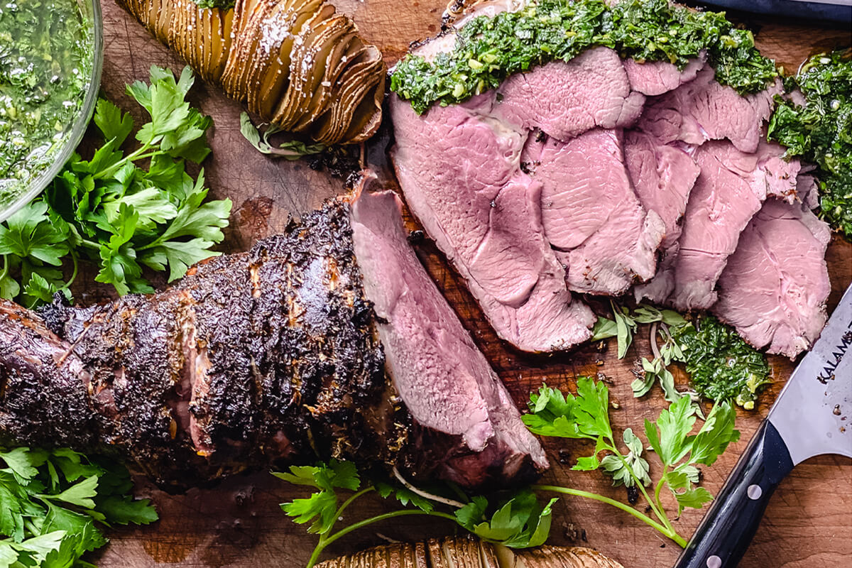 Smoke-Roasted Leg of Lamb with Gremolata Sauce