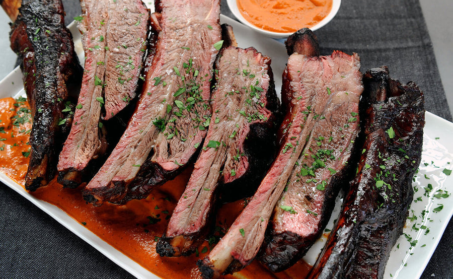 Smoked Beef Ribs with Roasted Tomato Harissa