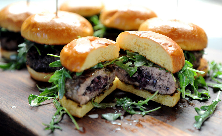 Stuffed Pork Burgers with Blueberry Bacon Compote