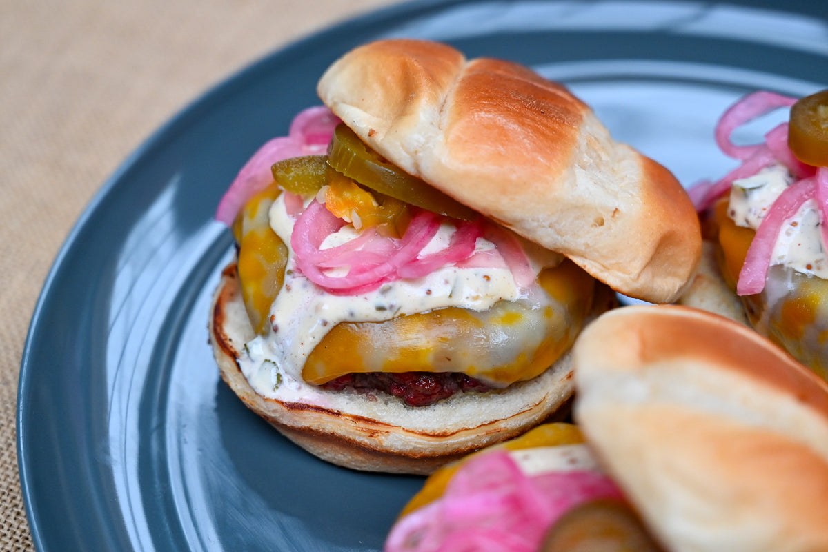 Smoked Brisket Burgers with Colby Jack, Whole Grain Jalapeno Dijonnaise and Pickled Onions