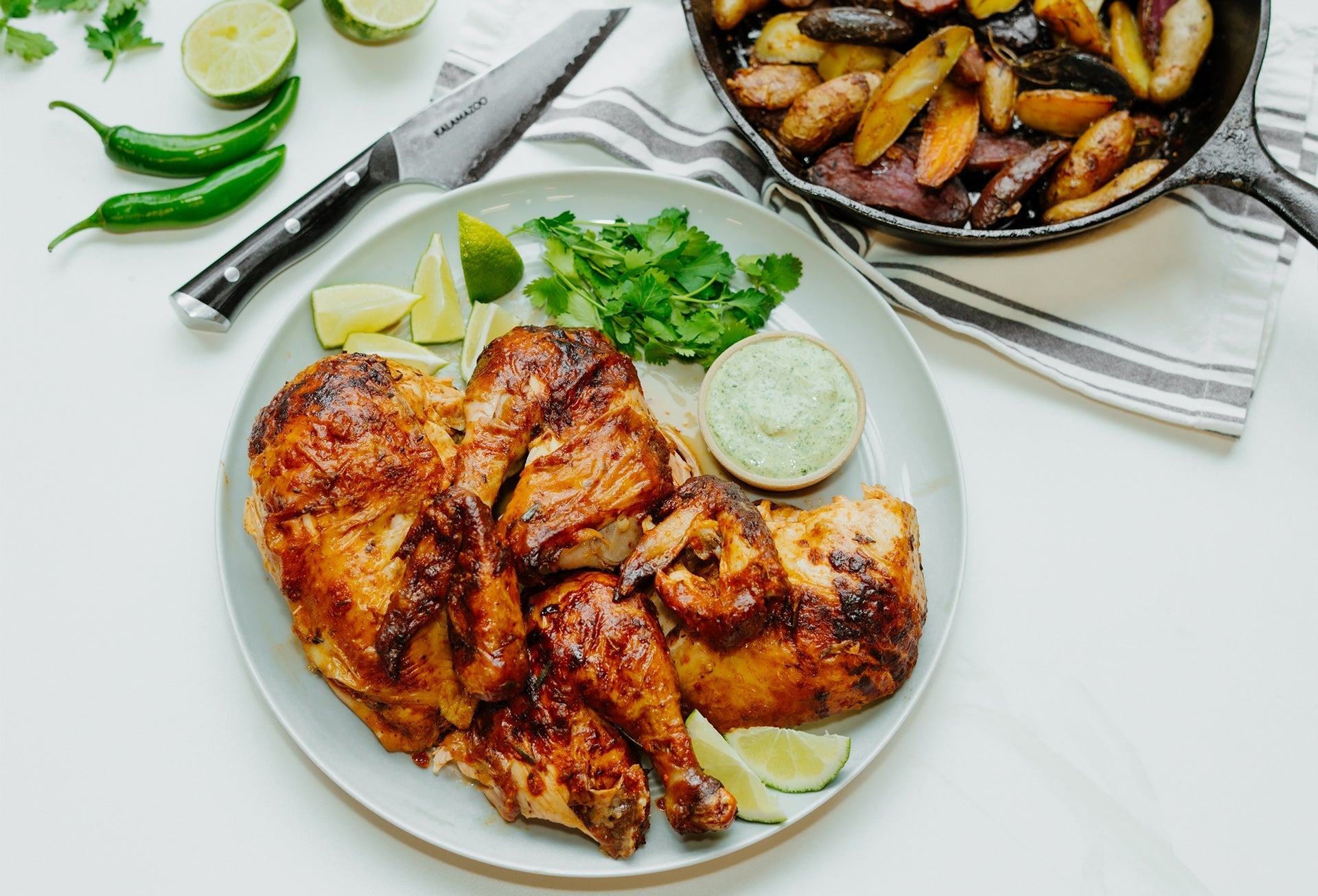 Peruvian Chicken (Pollo a la Brasa) with Aji Verde and Schmaltzy Potatoes