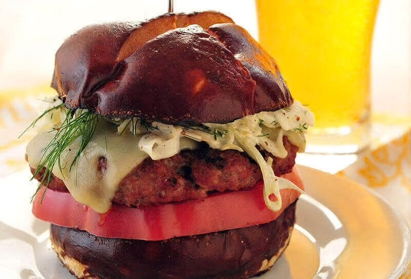 Brat Burgers with Fennel Mustard Seed Slaw