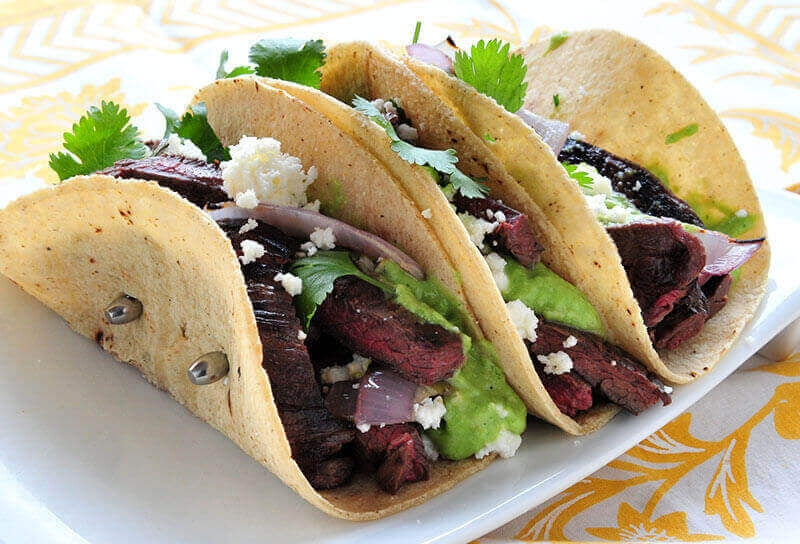 Elk Skirt Steak Tacos with Tomatillo Avocado Sauce