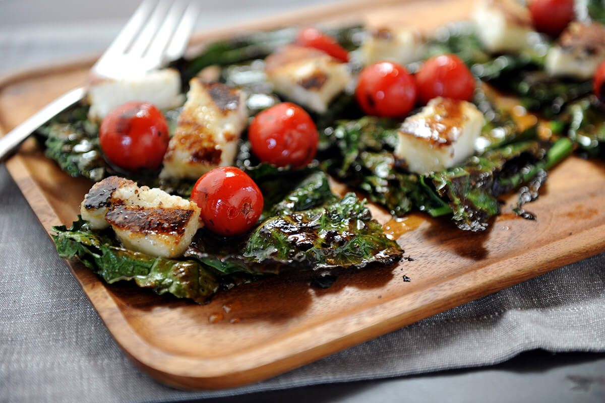 Grilled Kale Salad with Goat Cheese Polenta