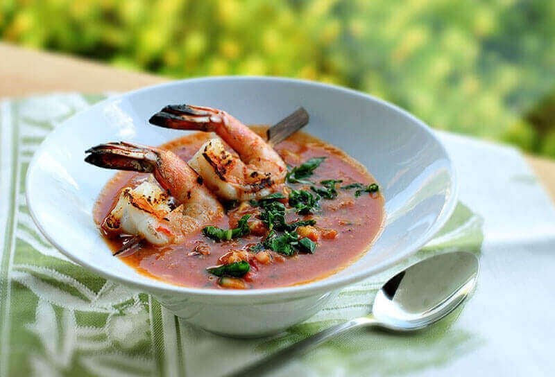 Rustic Gazpacho with Grilled Shrimp