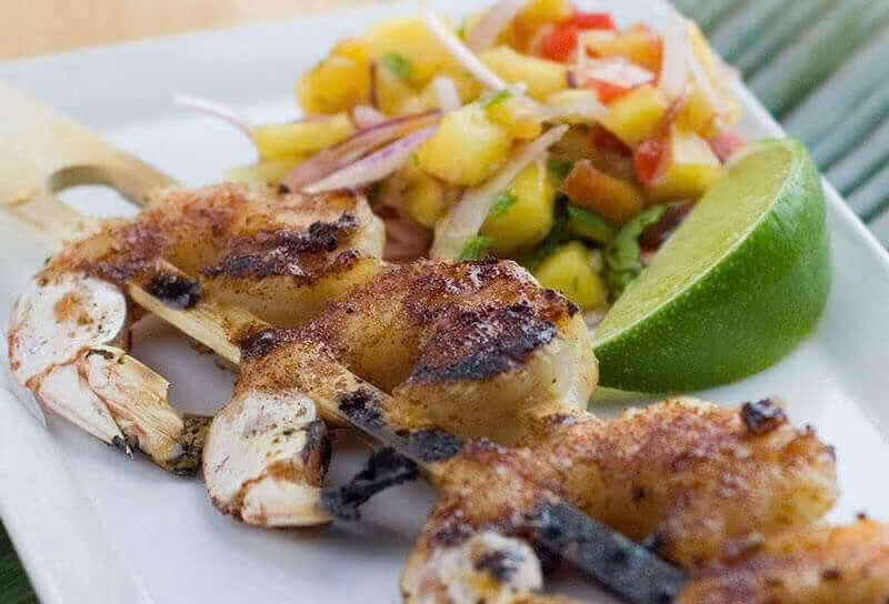 Barbecued Shrimp Skewers with Peach Salsa