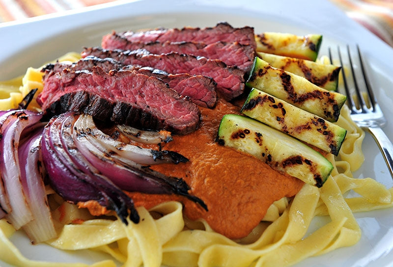Skirt Steak and Grilled Vegetables with Pumpkin Romesco