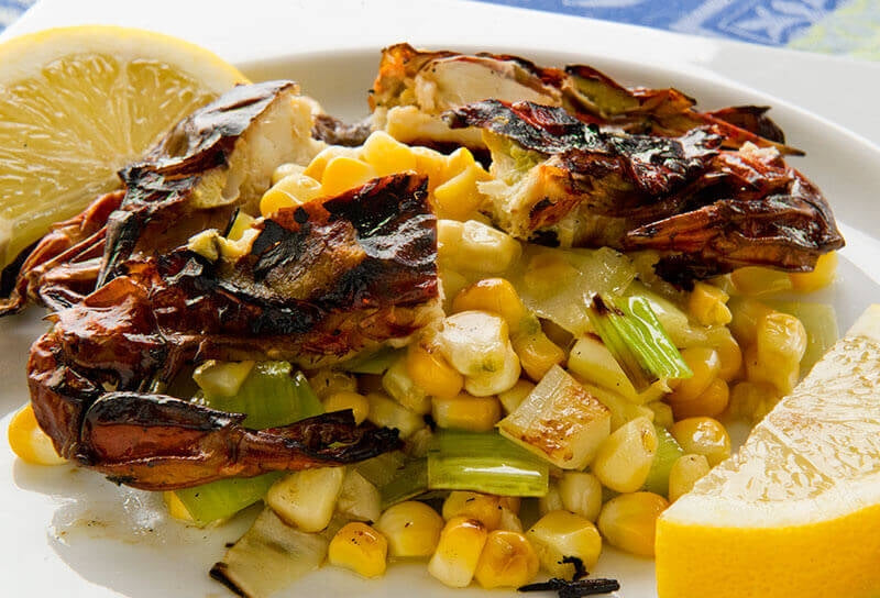 Grilled Soft Shell Crabs with Corn and Leek Relish
