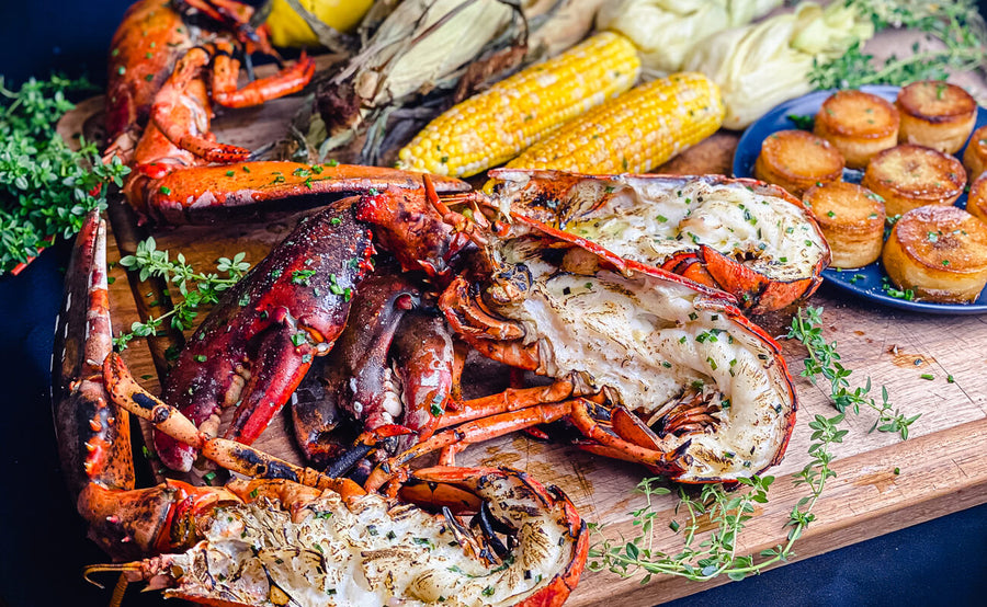 Grilled Lobster with Roasted Corn and Garlic Rosemary Potatoes