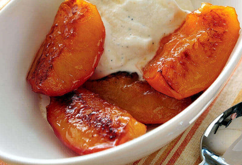 Honey-Caramelized Peaches with Vanilla Mascarpone Ice Cream
