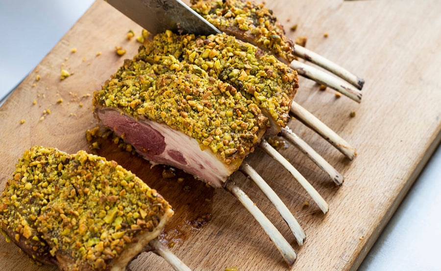 Frenched Lamb Rack with Toasted Pistachio Herb Crust