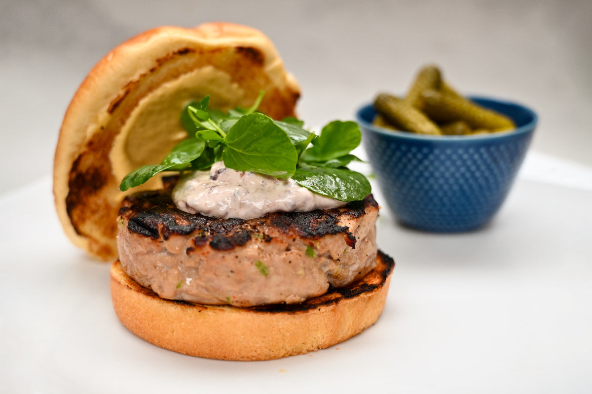 Grilled Tuna Burgers with Tapenade Aioli & Watercress