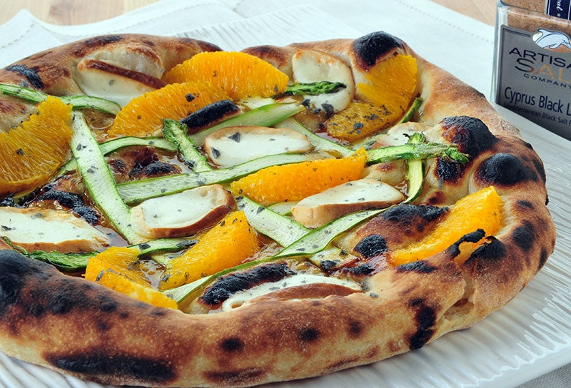 Smoked Mozzarella Pizza with Asparagus Ribbons, Orange Wedges and Vermouth Butter Sauce
