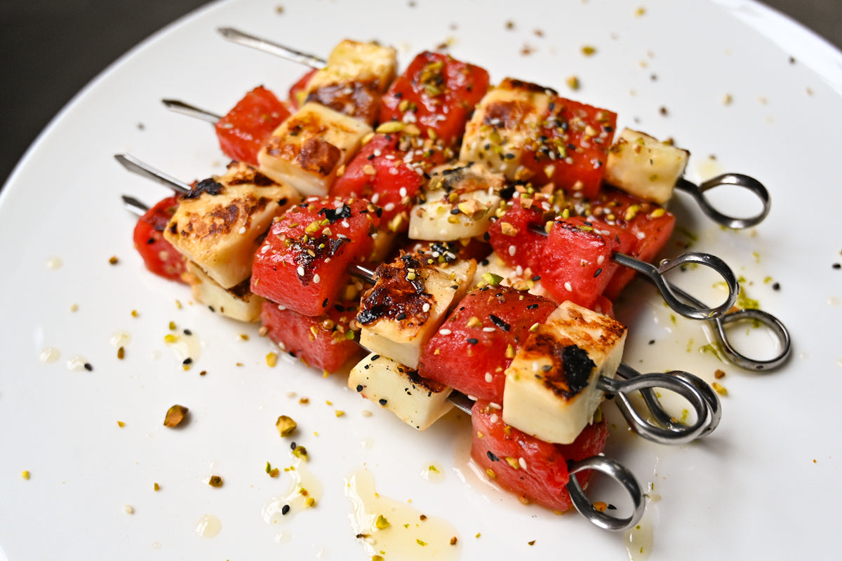Grilled Halloumi & Watermelon Skewers with Lime Basil Dressing & Pistachio Dukkah