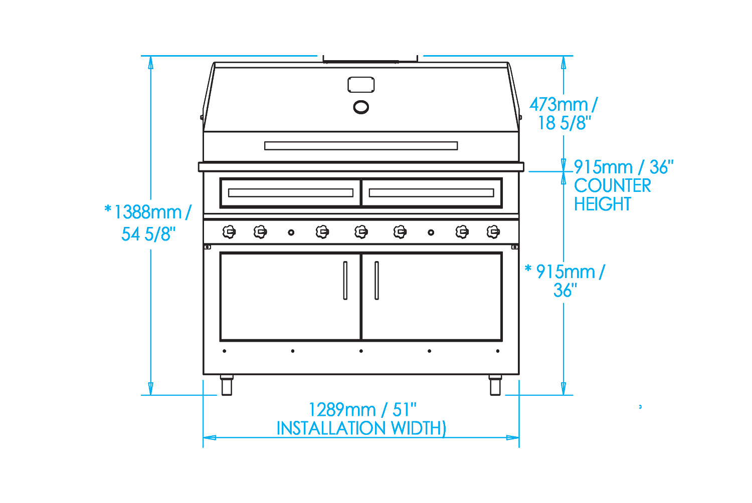 K1000 Built-in Hybrid Fire Grill Dimensions Image
