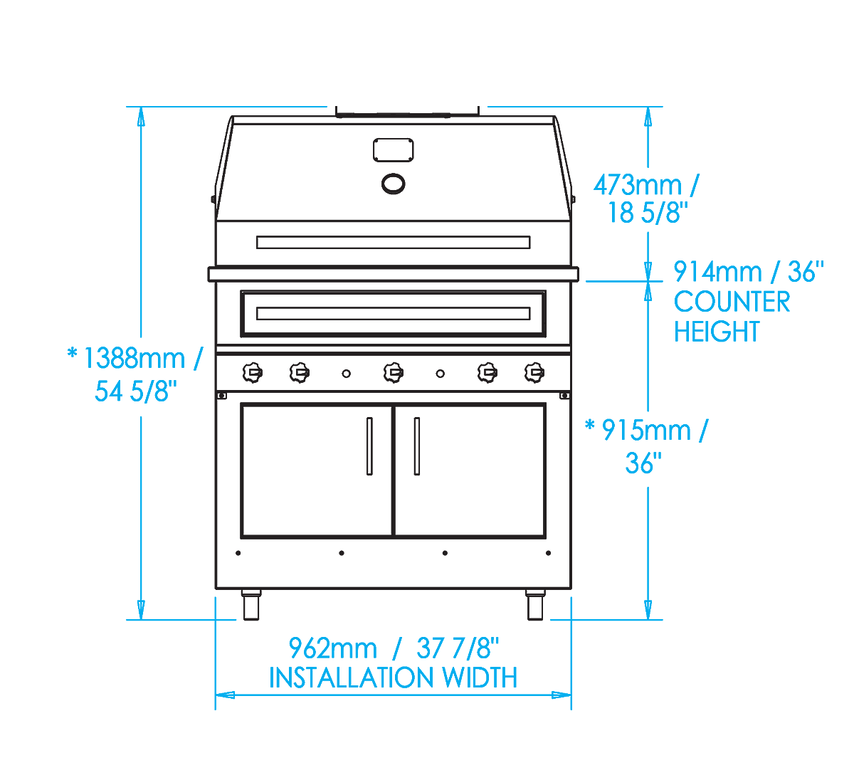 K750 Built-in Hybrid Fire Grill Dimensions Image