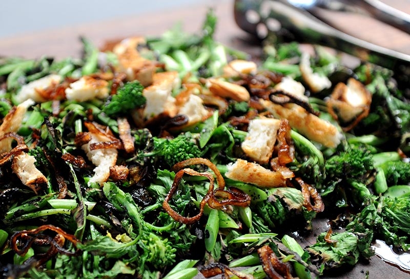 Image of Grilled Rapini with Truffle Vinaigrette and Fried Shallots