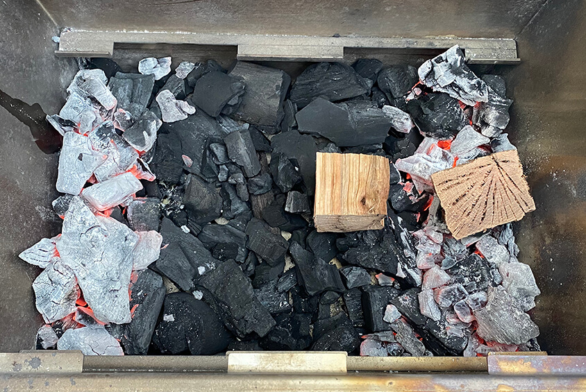 hot charcoal and wood