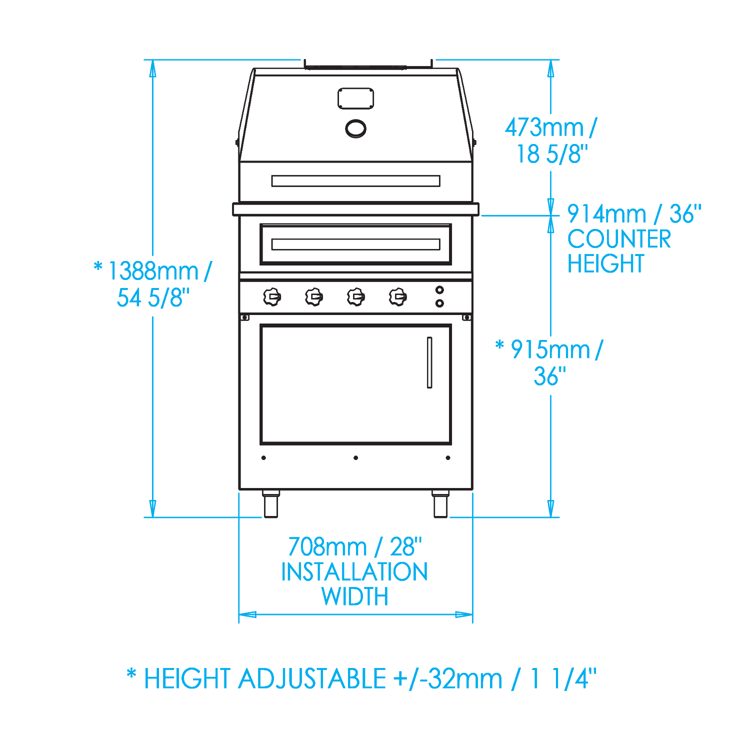 K500 Built-in Hybrid Fire Grill Dimensions Image