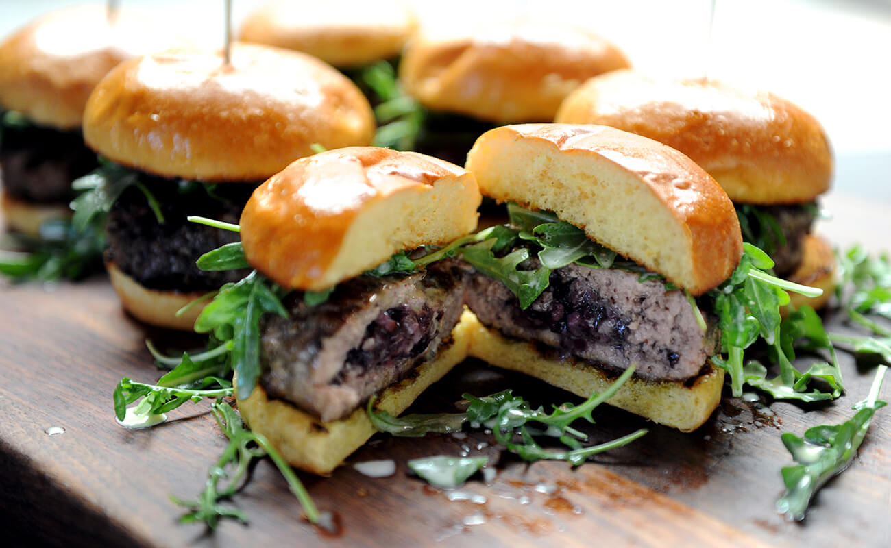 Image of Stuffed Pork Burgers with Blueberry Bacon Compote