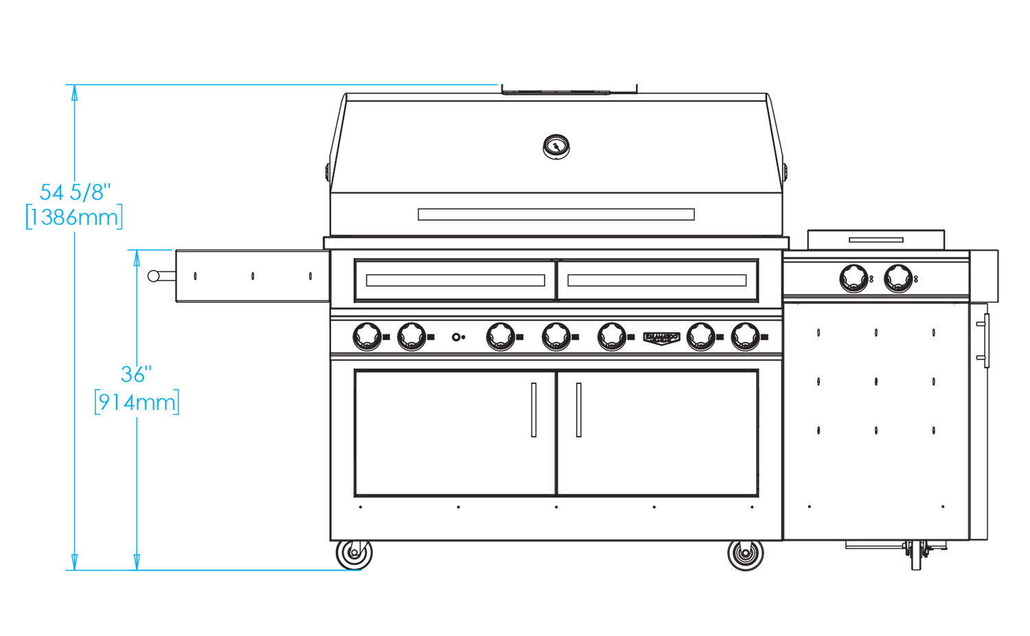 K1000HS Freestanding Hybrid Fire Grill with Side Burner Dimensions Image