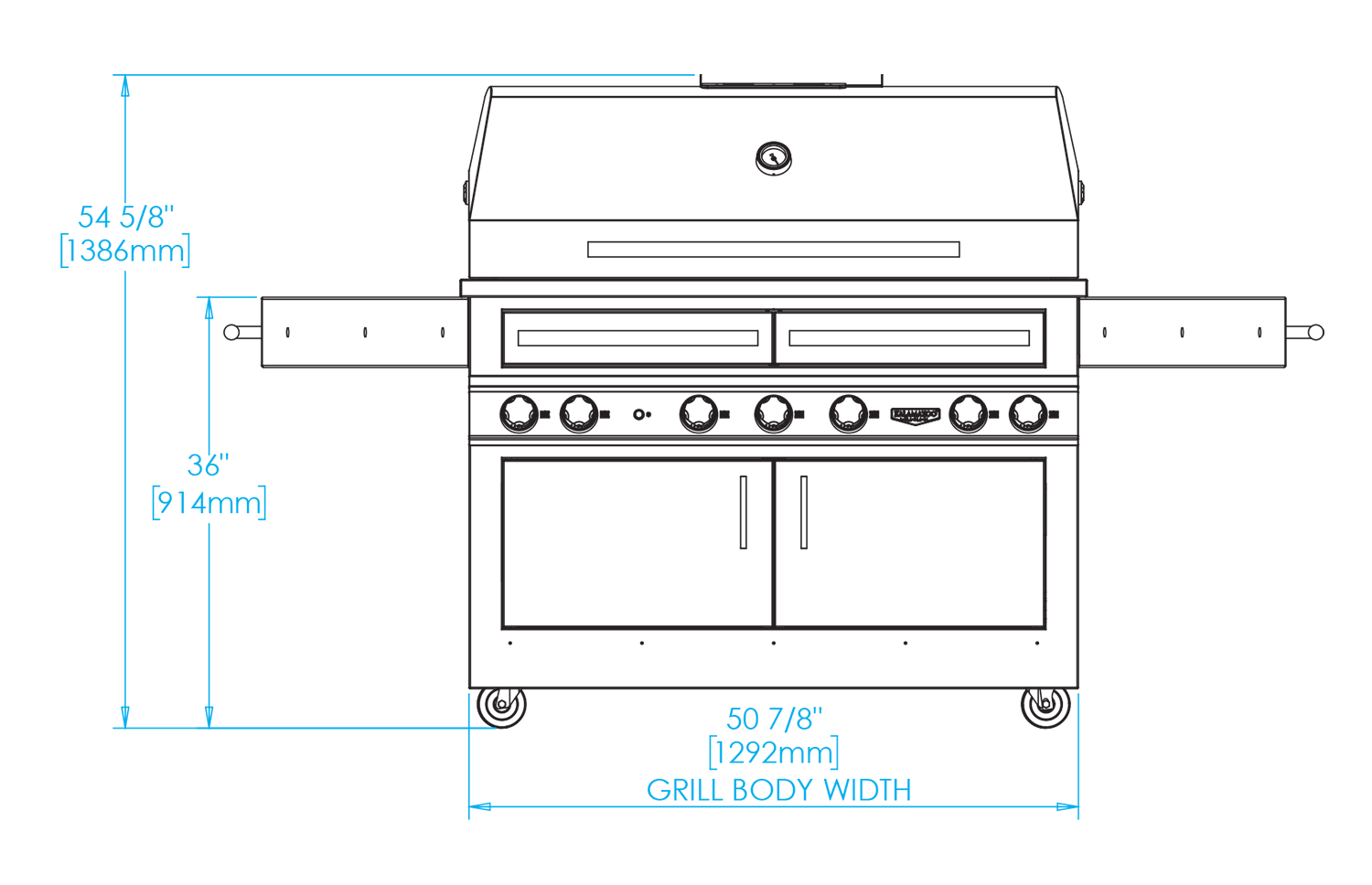 K1000HT Freestanding Hybrid Fire Grill Dimensions Image