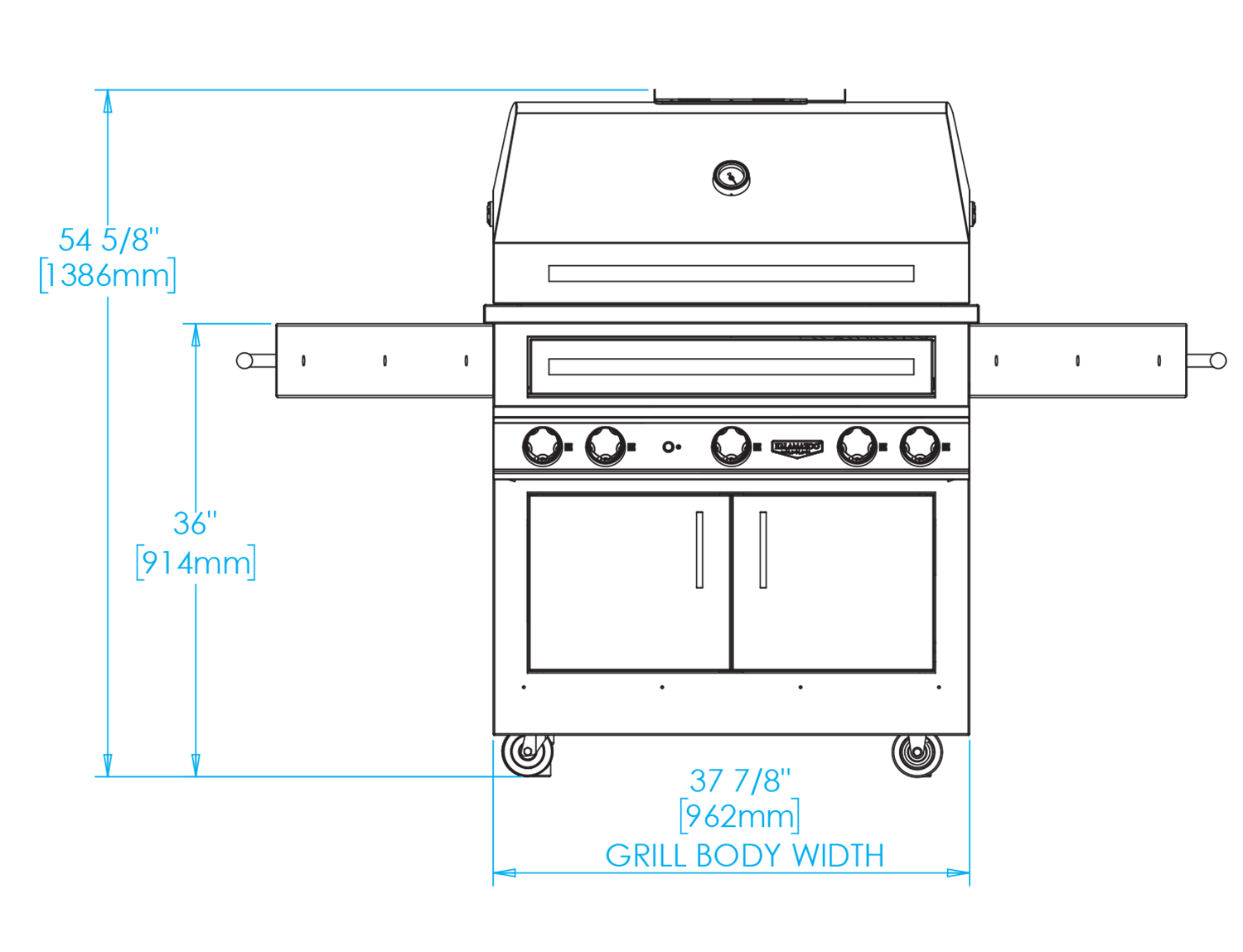 K750HT Freestanding Hybrid Fire Grill Dimensions Image