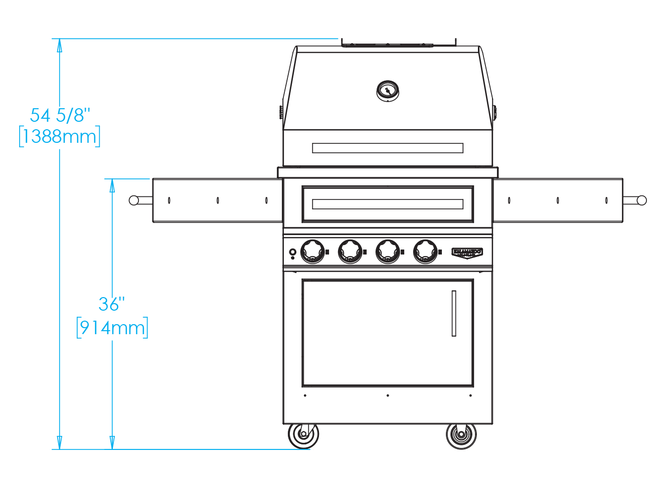 K500HT Freestanding Hybrid Fire Grill Dimensions Image