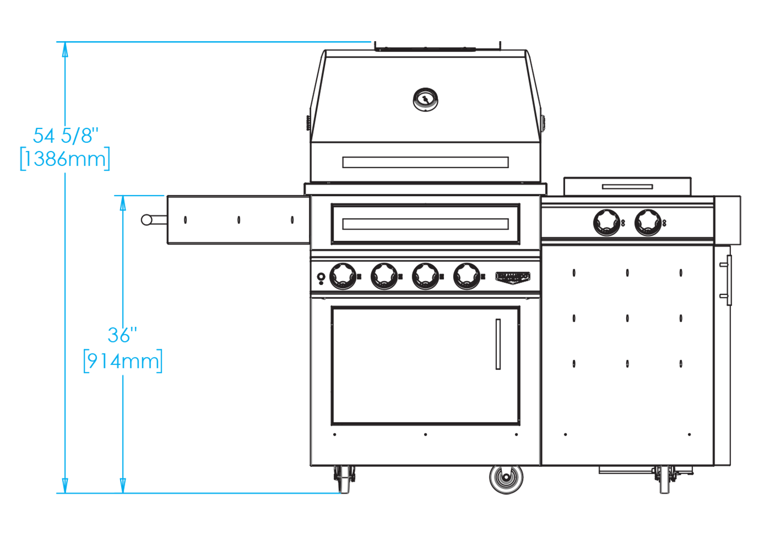 K500HS Freestanding Hybrid Fire Grill with Side Burner Dimensions Image