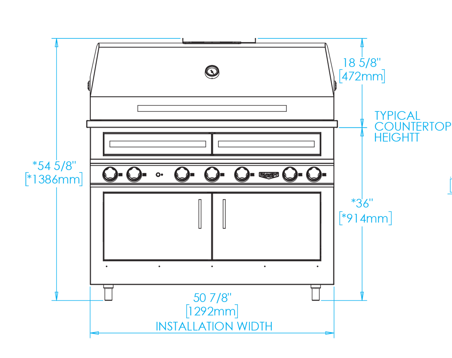 K1000HB Built-in Hybrid Fire Grill Dimensions Image